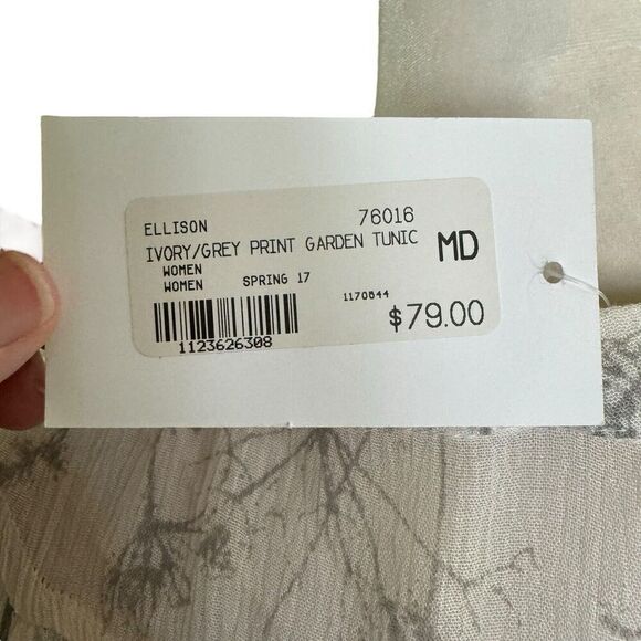 Ellison Dress Gray White Garden Print M Tunic Feminine Romantic Sheer Flouncy - Picture 8 of 14